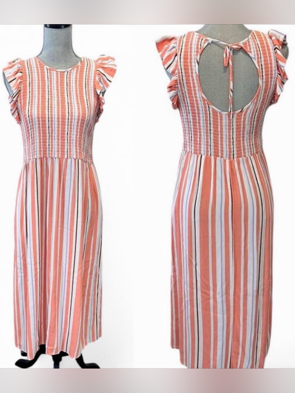 Midi sleeveless dress womens medium striped flutter coastal countryside cottage